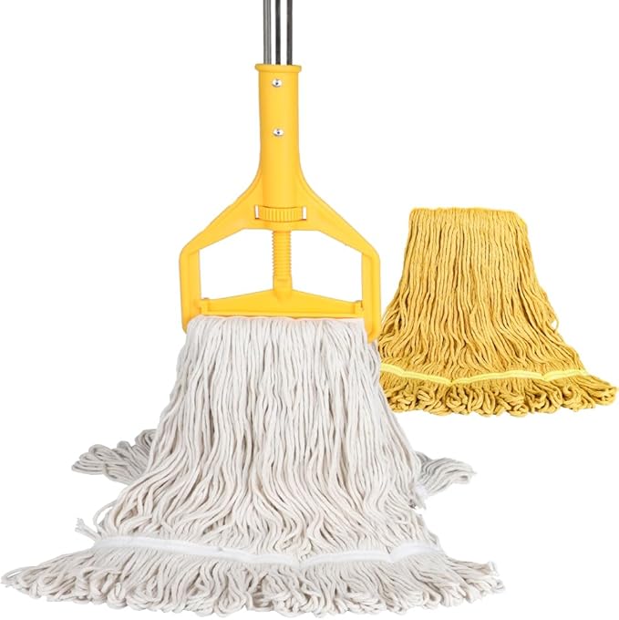 Wet String Mop for Floor Cleaning, Heavy Duty Mop with 2 Reusable Heads, Long Handle Industrial Cotton Mop for Restaurant Home Garage Office Patio Warehouse (Yellow)