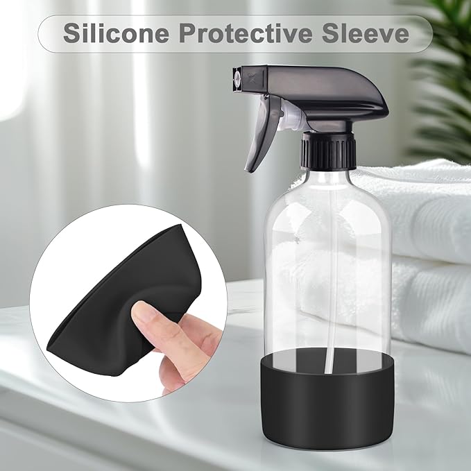 2 Pack Glass Spray Bottles with Silicone Sleeve, 16 oz Empty Refillable Containers with Adjustable Spray Nozzles, Spray Bottles for Hair, Cleaning Solutions and Plants Black&Grey