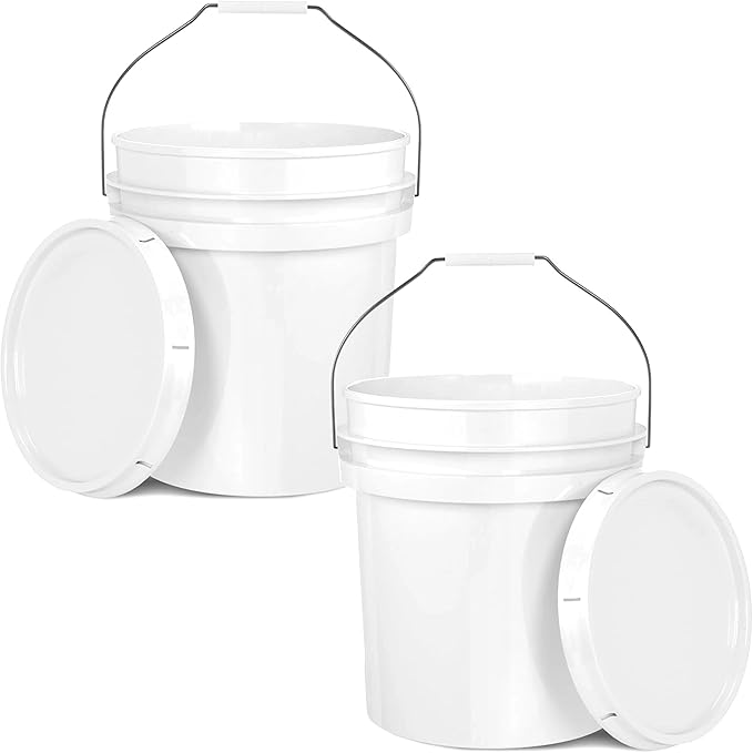 5-Gallon White Bucket Pail Container with Lid | Food Grade | Heavy-Duty Extra Durable | Metal Handles with Plastic Grip for Easy Carrying | Multi-Use | Easy Stack and Store | BPA Free -2 Pack