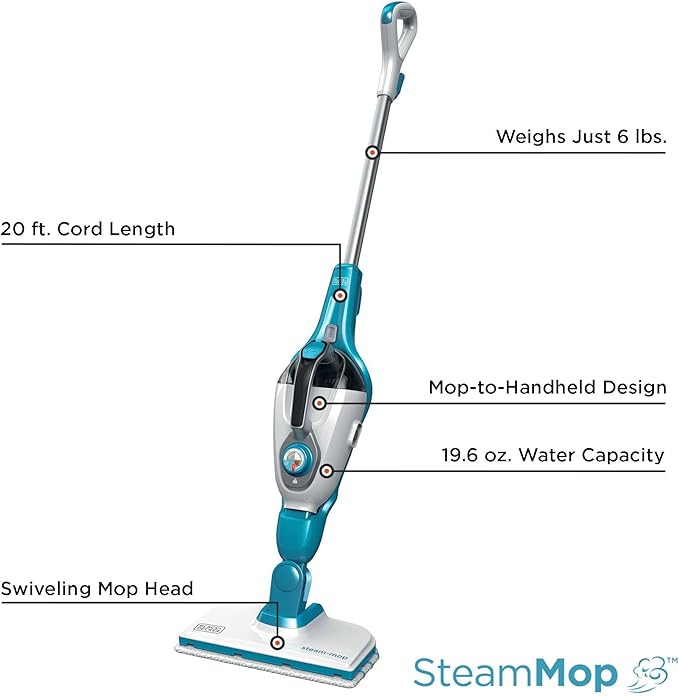 BLACK+DECKER Steam Mop and Portable Steamer, 5-in-1, Corded (HSMC1321)