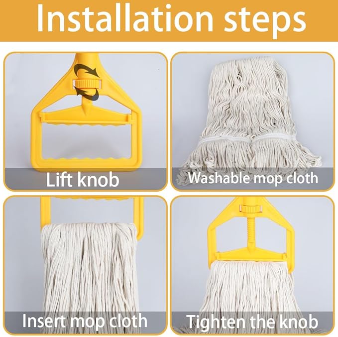 Wet String Mop for Floor Cleaning, Heavy Duty Mop with 2 Reusable Heads, Long Handle Industrial Cotton Mop for Restaurant Home Garage Office Patio Warehouse (Yellow)