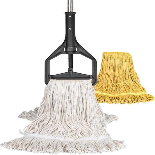 Wet String Mop for Floor Cleaning, Heavy Duty Mop with 2 Reusable Heads, Long Handle Industrial Cotton Mop for Restaurant Home Garage Office Patio Warehouse (Black)