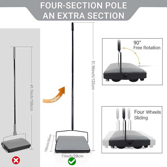 EZ SPARES Quiet Carpet Sweeper, Floor Sweeper with Horsehair Roller Brush Strong,Suitable for Carpet Cleaning Power,Bristle Sweeper,Great for House,Office,Kitchen,Carpet(Gray)
