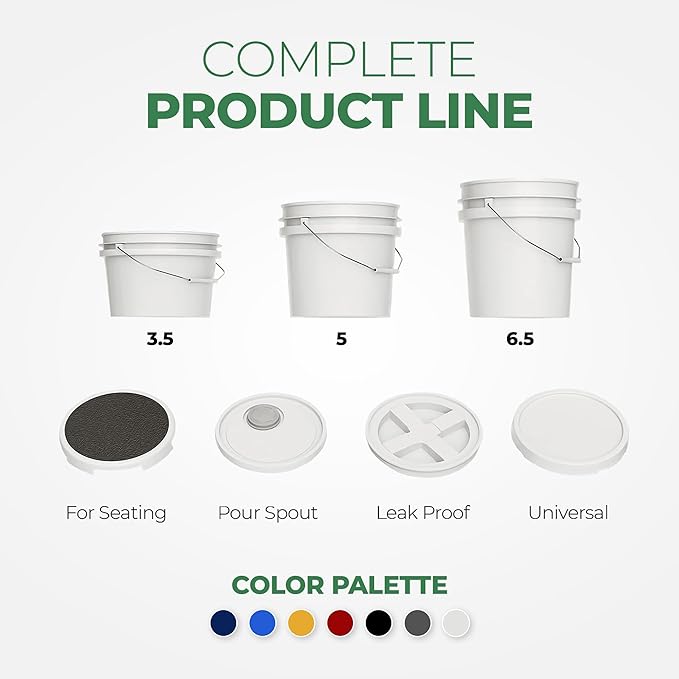 5-Gallon White Bucket Pail Container with Lid | Food Grade | Heavy-Duty Extra Durable | Metal Handles with Plastic Grip for Easy Carrying | Multi-Use | Easy Stack and Store | BPA Free