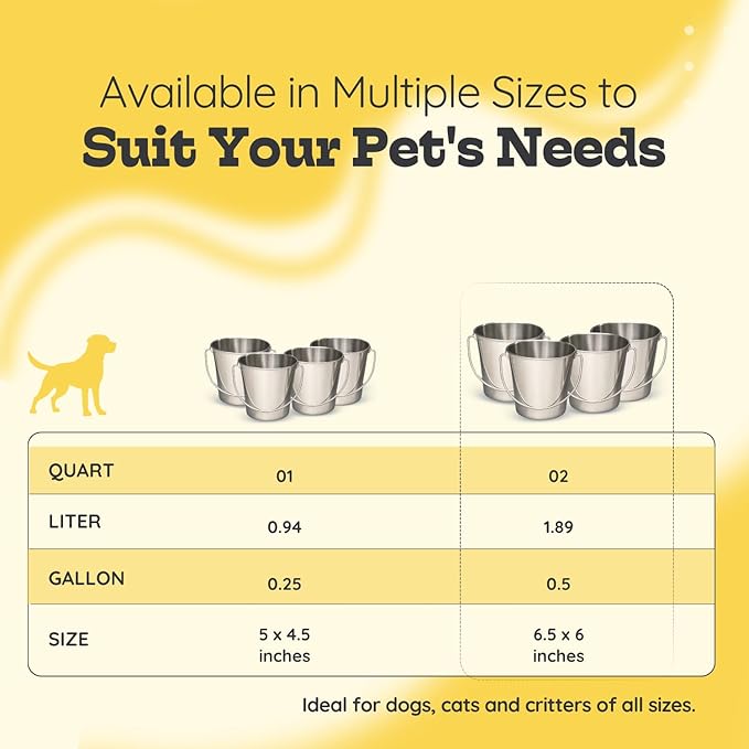 2 quart Heavy Duty Stainless Steel Round Bucket with Handle 4Pcs | 0.5gal Sturdy Food & Water Bowl for Small Birds Dog Cat & Livestock | Fits kennel Crate Cage Farm | Hanging Utility Pail
