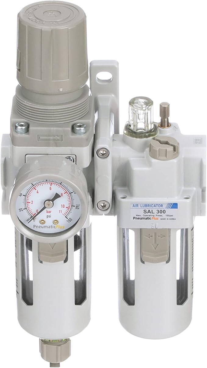 PneumaticPlus SAU310-N03G Compressed Air Filter Regulator Lubricator Piggyback Combo 3/8" NPT - Poly Bowl, Manual Drain, Bracket, Gauge