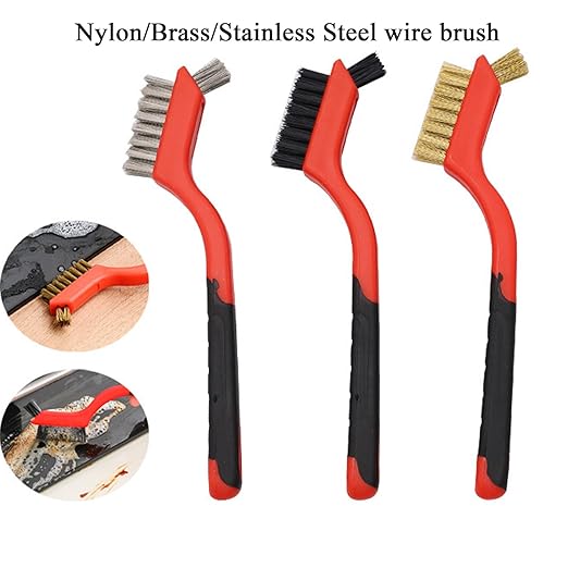 Wire Brush 4Pcs Set Nylon/Brass/Stainless Steel Wire Brushes for Cleaning Rust Removal in Holes, Dirt & Paint Scrubbing with Deep Cleaning – 7 Inches (Brass+Nylon+Stainless Steel)