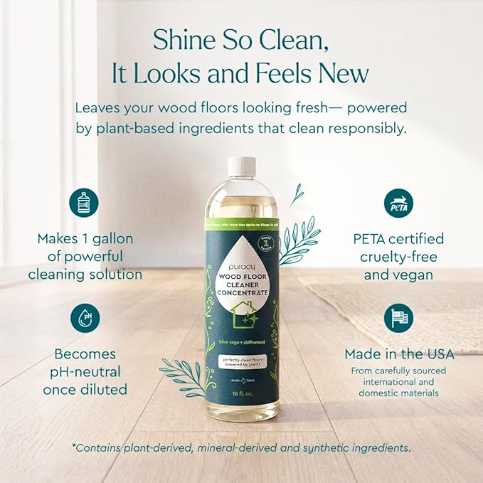 Puracy Wood Floor Cleaner Concentrate - pH Neutral Plant-Powered Hardwood Floor Cleaner - Residue-Free Non-Sticky Cleaning Solution As Seen on TikTok (Blue Sage & Driftwood, 16 fl oz)