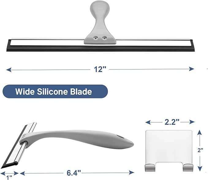 AmazerBath Squeegee for Shower Glass Doors - All-Purpose Squeegee with Hook for Shower Doors, Windows, Mirrors, Tiles and Car Glass, 12 Inches