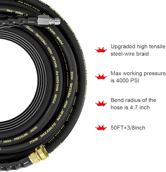 POHIR Pressure Washer Hose 150 FT with 3/8'' Quick Connect, High Tensile Wire Braided Power Washer Hose with 2 Quick Connect Kits, Compatible M22 14mm, Hose for Pressure Washer, 4200 PSI