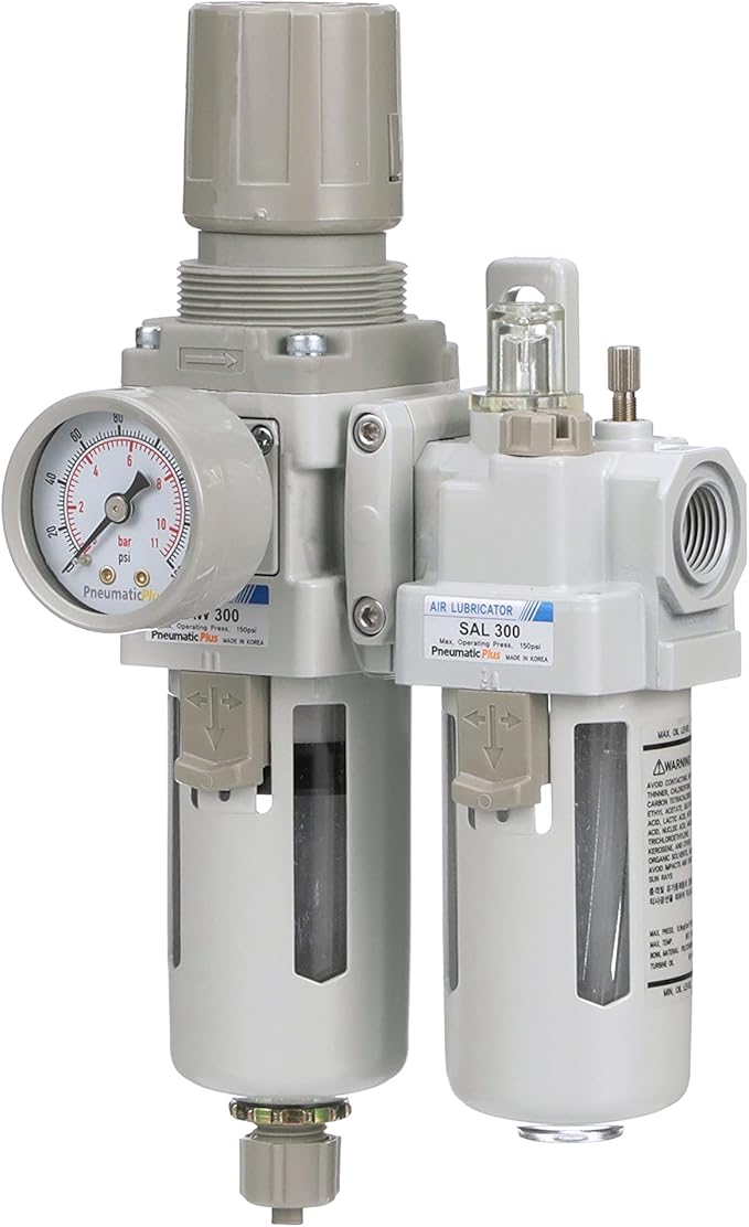 PneumaticPlus SAU310-N03G Compressed Air Filter Regulator Lubricator Piggyback Combo 3/8" NPT - Poly Bowl, Manual Drain, Bracket, Gauge