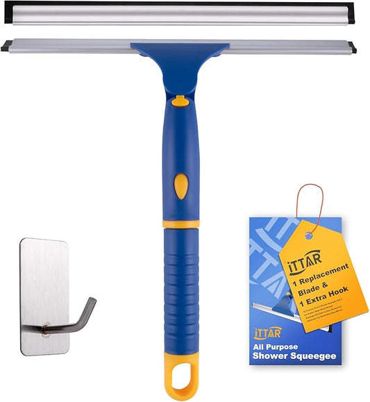 ITTAR 12 inch Rotatable Shower Squeegee for Glass Doors, Multi-Purpose Window Squeegee with Hook & Refill Rubber Blade, Bathroom Cleaner Tool for Shower Door Window Mirror Wall Car Windshield