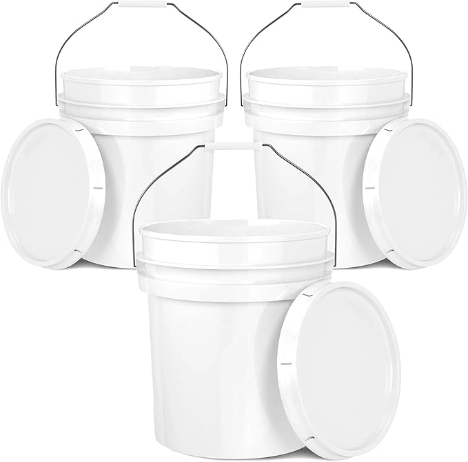 5-Gallon White Bucket Pail Container with Lid | Food Grade | Heavy-Duty Extra Durable | Metal Handles with Plastic Grip for Easy Carrying | Multi-Use | Easy Stack and Store | BPA Free - 3 Pack