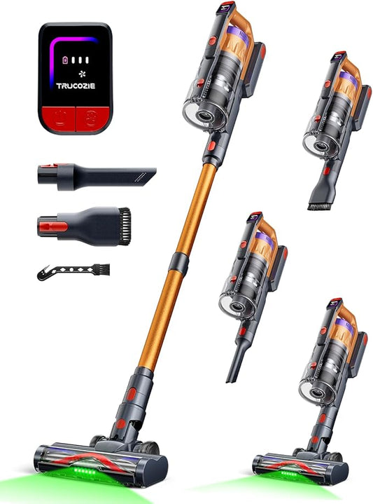 Cordless Vacuum Cleaner for Home, Upgraded 60Kpa Powerful Suction Pet Hair Vacuum with 70min Runtime, Green LED Light for Hardwood Floors & Carpet, Self-Standing Rechargeable Stick Vacuum, Golden