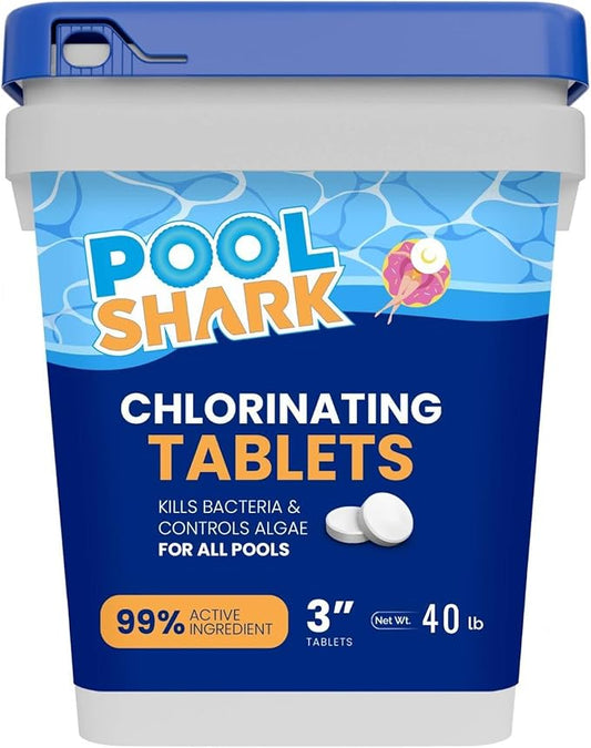 Pool Shark Swimming Pool Chlorine Tablets - 3-Inch Chlorine Tablets - Slow-Dissolving 90% Active Chlorine Tabs - Pool Chemicals for Inground Pools, Above Ground Pools, Saltwater, Spa, Hot Tub (40 lbs)
