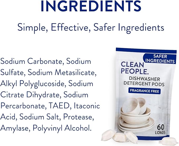 The Clean People Dishwasher Pods - Cuts Grease & Rinses Sparkling Clean - Residue-Free - Phosphate Free Dishwashing Pods (60 Count, Fragrance Free)