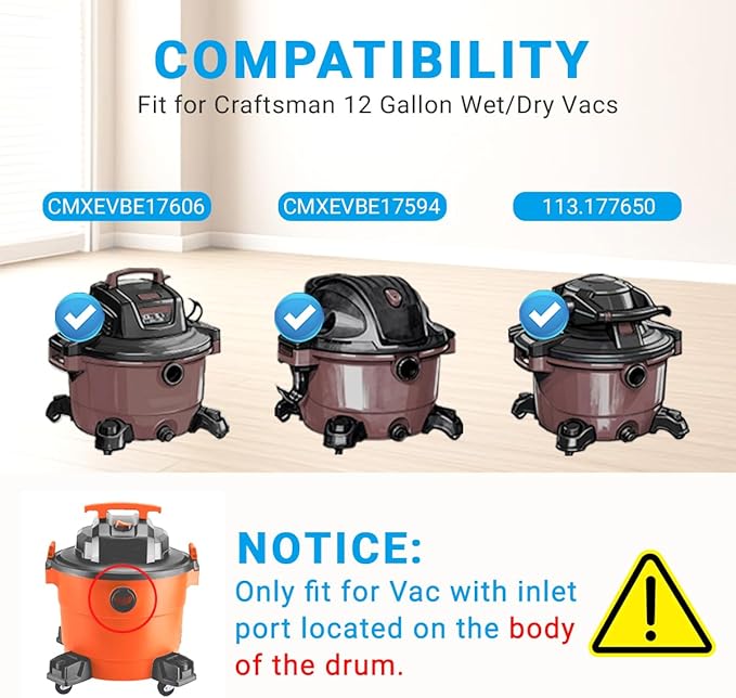 6 Pack 38735 Fine Dust Bags Compatible with Craftsman 12 Gallon Wet/Dry Shop Vacuums, Part# CMXZVBE38735