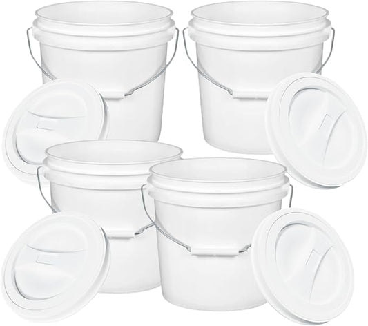 House Naturals 2 Gallon White Food Grade BPA Gree Bucket with Lid - Pack of 4 - Made in USA