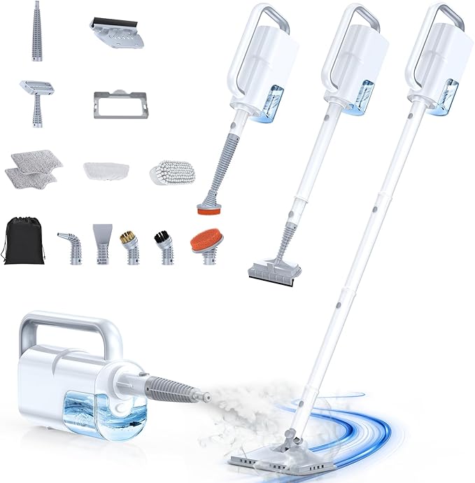 ScrubWiz Steam Mop with Detachable Handheld Steam Cleaner, 10-in-1 Multi Accessories, Quick 10s Heat, 350ml and 2-Level Steamer for Cleaning Floor, Carpet, BBQ Grill, Tile, and Grout, Light White