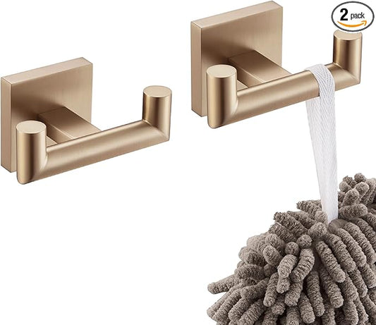 KOKOSIRI Robe Hooks Bath Towel Hooks Bathroom Hardware Double Coat Hooks Wall Mounted, 2 Pack Champagne Bronze Stainless Steel B1015CPG-P2