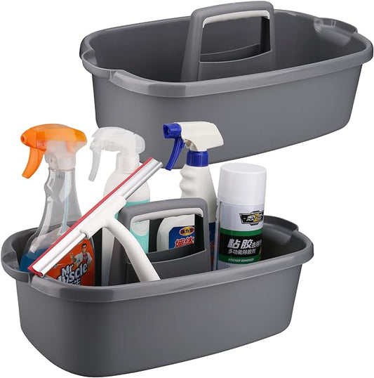 Cleaning Caddy Organizer with Handle, Gray Plastic Bucket for Cleaning Supplies Products, Cleaning Tool Storage Tote, 2 Pack