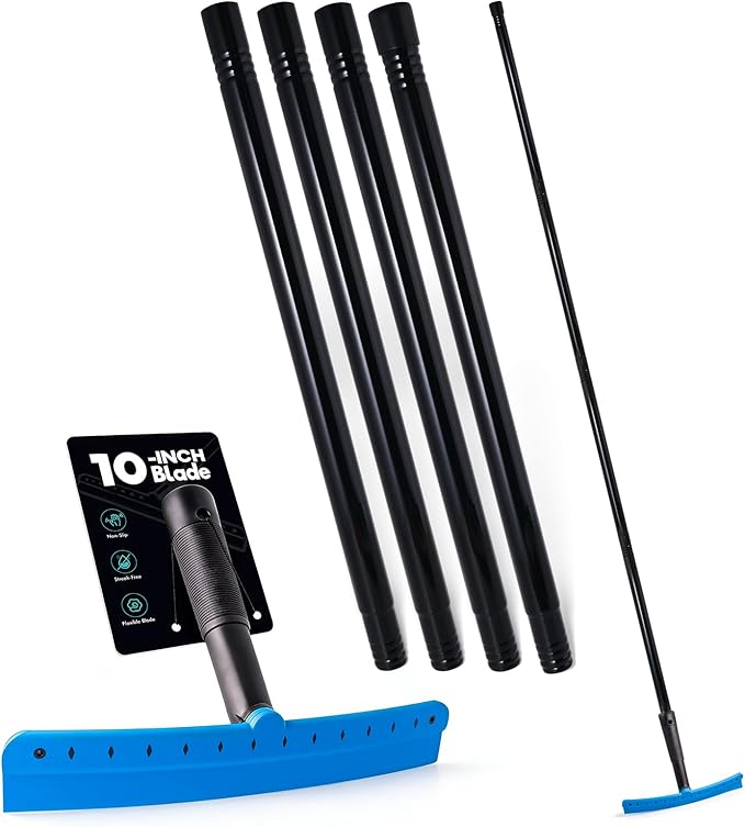FOSHIO TPU Squeegee 10-Inch Blade with 4 Extension Poles (Extends up to 63 Inches), Anti-Slip Grip Handle Rubber Squeegee Streak-Free Cleaning for Car Windows, Shower Doors, Mirrors, Glass