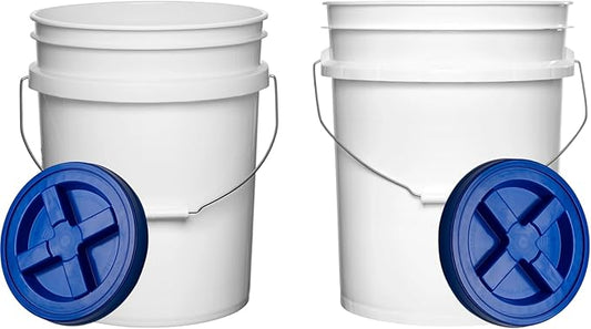 House Naturals Food Grade 5 Gallon Made in USA Plastic Bucket with Air Tight Screw on Lid (White Buckets with Blue Lids)