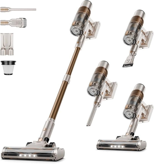 Cordless Vacuum Cleaner: Portable 6-in-1 Stick Vacuum with Anti-Tangle Brush, LED Headlight, Self-Standing, HD display, Rechargeable Vacuum for Pet Hair, Low-Pile Carpet and Hardwood Floor-Off White