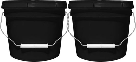 2-Gallon Bucket with Airtight Lid – Heavy-Duty Extra Durable Pail – Made in USA – Premium Quality HDPE – Food Grade – BPA Free – Metal Handle with Plastic Grip – Stackable – Multi-Use – Black 2 Pack