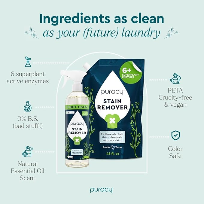 Puracy Stain Remover, Natural Based Travel and Laundry Stain Cleaner for Clothes, Baby Essentials, Kids Stains, Oil and Fabric Spot Cleaner, Unscented (Stain Remover Spray and Refill, 64 fl oz)