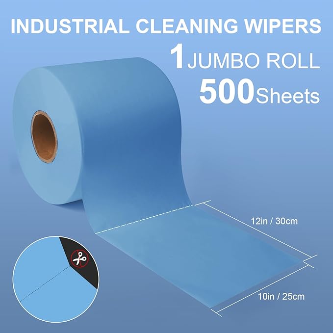 Multi-purpose Industrial Cleanroom Wipes, Lint-Free Jumbo Roll Cleaning Wipes, High Absorbency，12"x 10", Roll of 500 Sheets (Blue)
