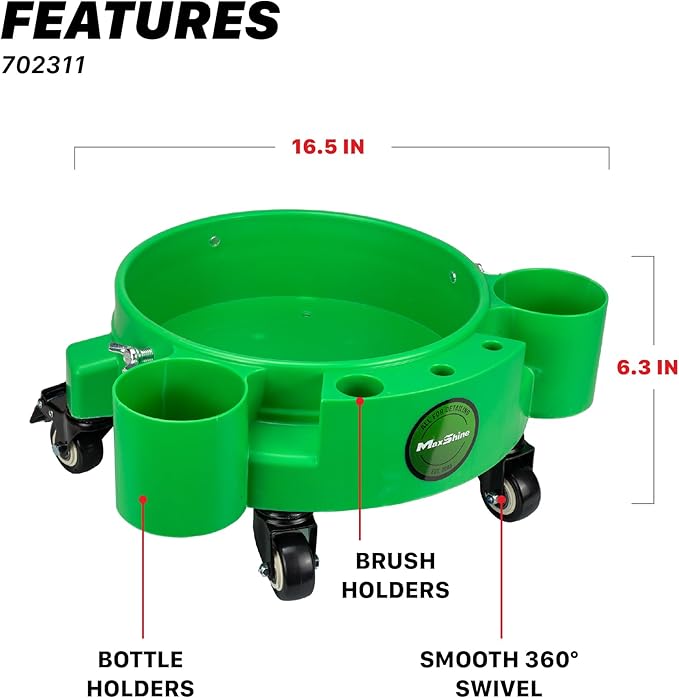 Maxshine Universal Rolling Bucket Dolly (Green) – Heavy-Duty, 5 Wheels with 2 Locks, Tool Organizer – 360° Mobility for Car Wash Supplies & Auto Detailing Organization