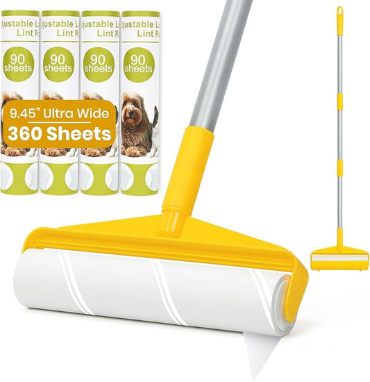 Large Lint Rollers for Pet Hair Extra Stick,9.45" Giant Lint Roller Refill 360 Sheets Total,45" Long Handle Sticky Mop,for Cleaning Floors, Carpets, Cars, Clothing and pet Hair
