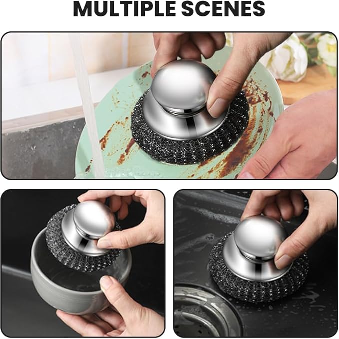 Steel Wool Scrubber with Handle, Upgrade Heavy Duty Stainless Steel Dish Scrubber for Cleaning Dishes, Iron Pots, Stoves, Kitchen Sink (2 pcs)