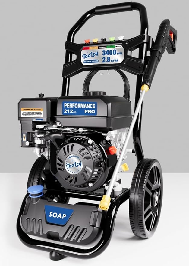 TOOLCY 3400 PSI Gas Pressure Washer, High-Performance 212cc OHV Engine, Reinforced Pump. Onboard Soap Tank, 30FT Hose, Spray Gun & 5 Nozzles, Max 2.8 GPM, Cars Homes Patios Fences Driveways