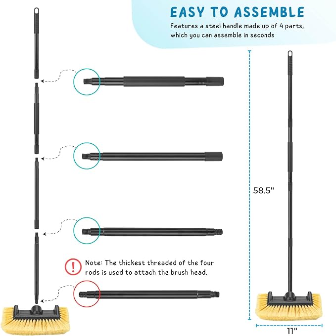 Car Wash Brush with Long Handle, 58.5'' Soft Bristle Cleaning Tool for Truck Exterior, RV, Boat, Solar Panel, Deck Washing, 2 Wax Applicator Pads Included