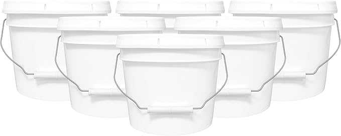 2-Gallon Bucket with Airtight Lid – Heavy-Duty Extra Durable Pail – Made in USA – Premium Quality HDPE – Food Grade – BPA Free – Metal Handle with Plastic Grip – Stackable – Multi-Use – White, 6 Pack