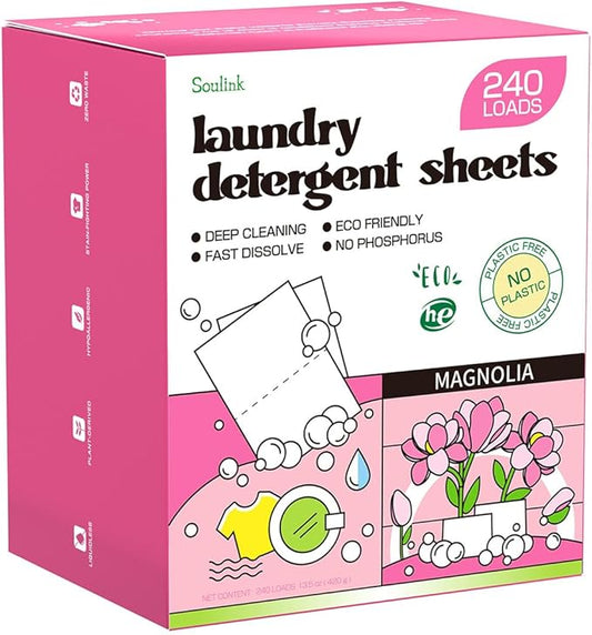 Soulink Magnolia Laundry Detergent Sheets 240 Loads - Eco-Friendly, Plant-Based, Hypoallergenic, No Plastic Jug