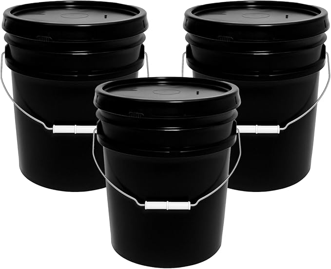 5-Gallon Bucket with Airtight Lid – Heavy-Duty Extra Durable Pail – Made in USA – Premium Quality HDPE – Food Grade – BPA Free – Metal Handle with Plastic Grip – Stackable – Multi-Use – Black, 3 Pack