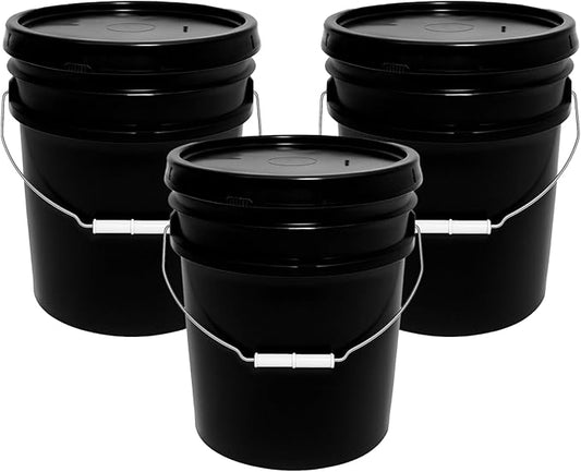 5-Gallon Bucket with Airtight Lid – Heavy-Duty Extra Durable Pail – Made in USA – Premium Quality HDPE – Food Grade – BPA Free – Metal Handle with Plastic Grip – Stackable – Multi-Use – Black, 3 Pack
