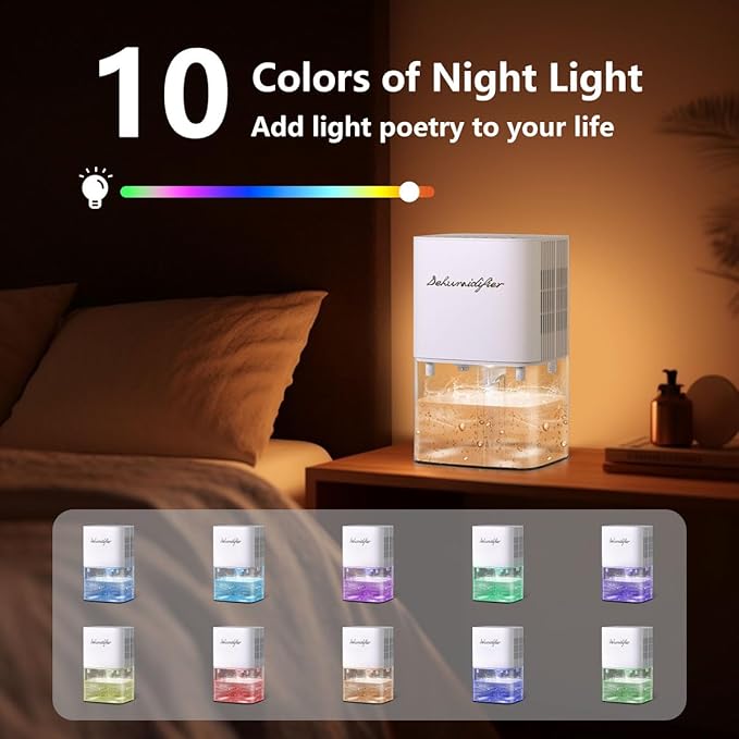 Dehumidifier 1800ML 63OZ Small Dehumidifier for Home 230 Ft² Safety Dehumidifiers Adjustable 10 Color Lights 5 Timers 3 Setting Modes Auto Shut Off Protection Low Noise For Bedroom Bathroom