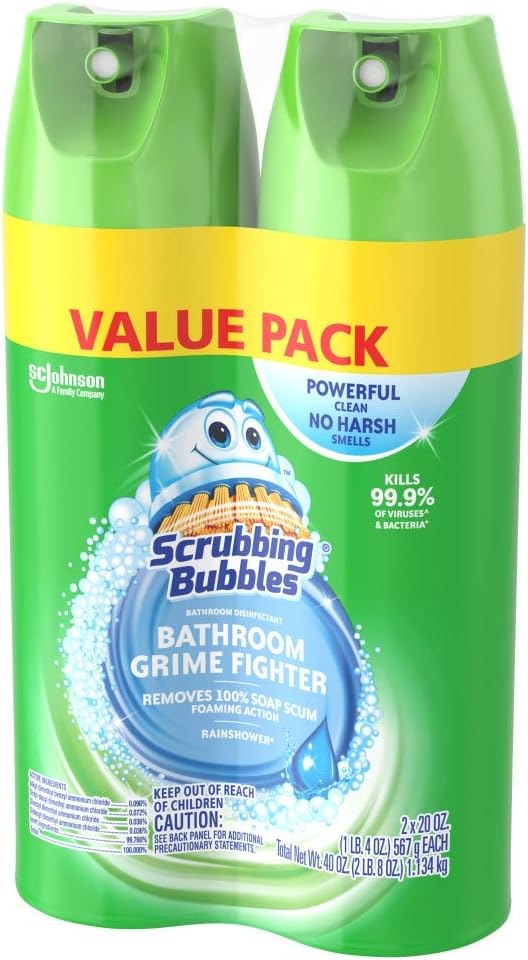 Scrubbing Bubbles Bathroom Grime Fighter Aerosol, Rainshower, 20 oz, 2 Count