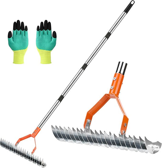 Thatch Rake -15 Inch Dethatcher Rake with Adjustable Handle, Efficient Steel Metal Gass Rakes with Handle,Heavy Duty Thatching Rakes for Lawn,Garden, Yard