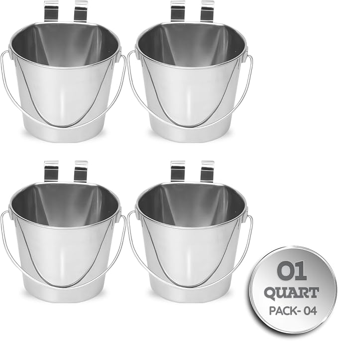 1 Quart Stainless Steel Flat Sided Bucket with Dual Hooks | 4 Pcs Durable Food & Water Bowl for Dog Cat Bird & Small Animals | Fits kennel Cage Crates Farm Hanging Pet Pail | Multipurpose