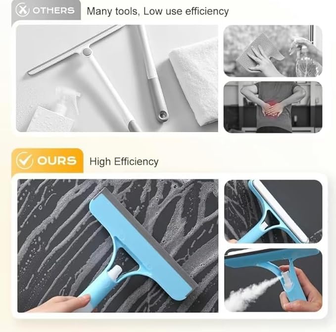 3 in 1 Spray Window Squeegee Cleaner Scraper, Window Squeegee Cleaner Tool with Spray Bottle for Shower Glass, Mirrors, Car, Home Window Cleaner Tool (Blue)