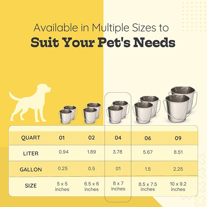 Flat Side Stainless Steel Bucket 4 Quart Hanging Feeding Pail for XL Dogs Cats Goats Sheep, Fits Kennel Cage Compatible, Heavy Duty Food and Water Feeder, 1 Gallon Silver Buckets 2 Pack