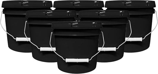 1-Gallon Bucket with Airtight Lid – Heavy-Duty Durable Pail – Made in USA – Premium Quality HDPE – Food Grade – BPA Free – Metal Handle with Plastic Grip – Stackable – Multi-Use – Black, 6 Pack