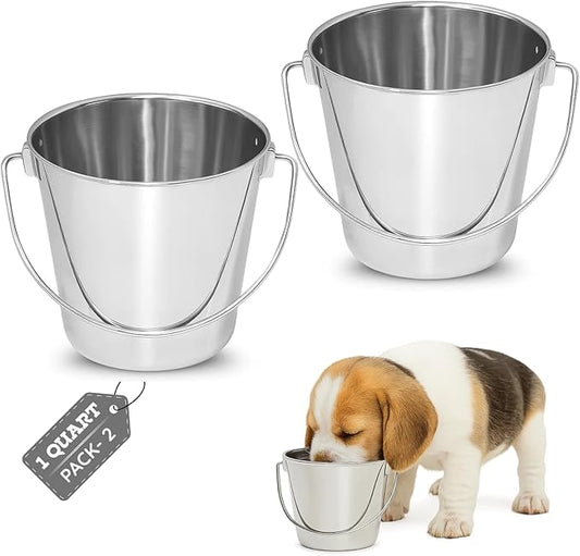 1 Quart Heavy Duty Stainless Steel Round Bucket with Handle | Fits kennel Cage Critter Crates Farm | Food & Water Pail for Small Pets Birds Dog Cat | Livestock Multipurpose use, Pack of 2