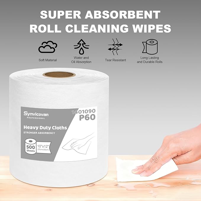 Jumbo Roll Industrial Cleaning Wipes, Super Absorbent Heavy Duty Cloths, White (1 Roll of 500 Sheets, 12"x 10" Each Sheet)