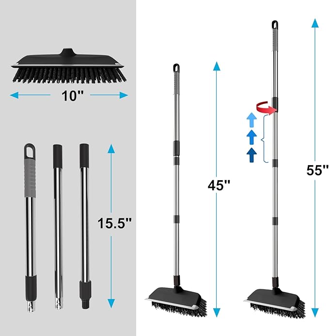 ITTAR Floor Scrub Brush with 55" Long Handle, 10" Wide Stiff Bristles Deck Brush, Stainsless Steel Pole Heavy-Duty Cleaning Brush, 2-in-1 Scrubber with Ruber Squeegee for Deck, Patio, Pool, Tile, Wall
